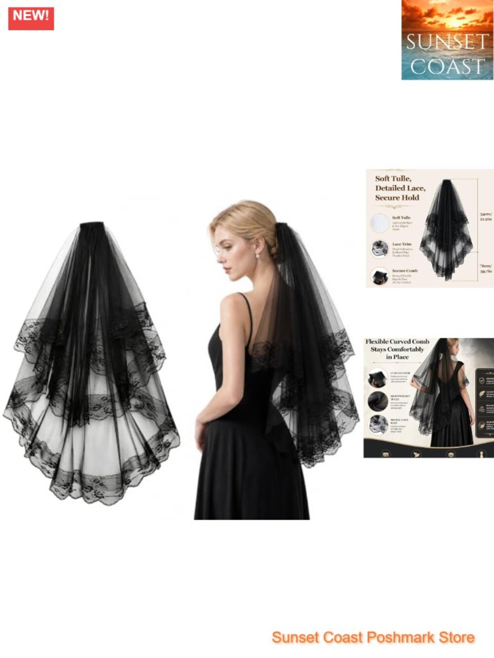 2 Tier Lace Veil with Comb Rose Embroidery Gothic Bridal Veil